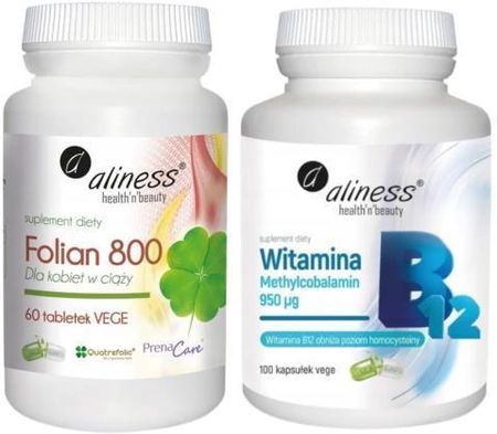 Zestaw Folian dla kobiet w ciąży 800 µg x 60 tabletek + Witamina B12 Methyl 950 µg VEGE, Aliness
