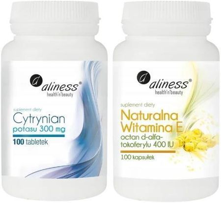 Zestaw Cytrynian potasu 300 mg x 100 tabletek VEGE + Naturalna witamina E 400IU, Aliness