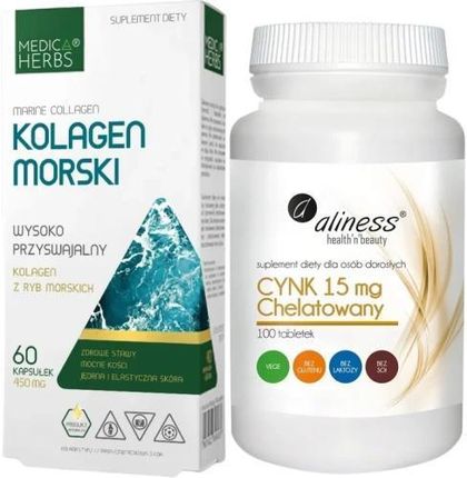 Zestaw Kolagen morski + Cynk chelatowany 15 mg x 100 tabletek Vege, Medica Herbs/Aliness