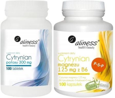 Zestaw Cytrynian potasu 300 mg x 100 tabletek VEGE + Cytrynian Magnezu 125 mg z B6 (P-5-P) 100 kaps VEGE, Aliness