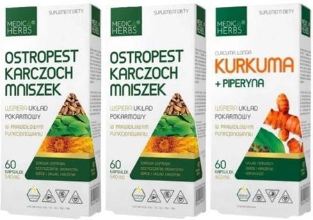 Zestaw Kurkuma + piperyna + 2x Ostropest Karczoch Mniszek, Medica Herbs