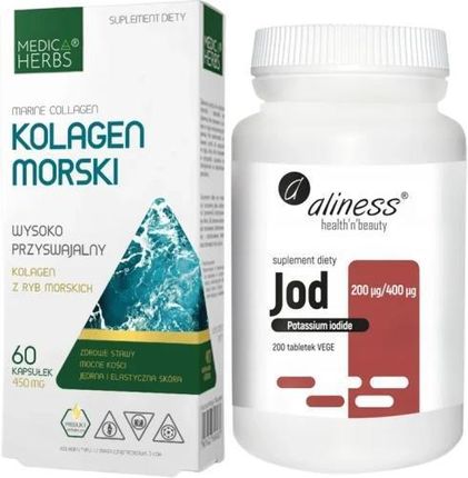 Zestaw Kolagen morski + Jod (jodek potasu) 200 µg / 400 µg x 200 vege tabs, Medica Herbs/Aliness