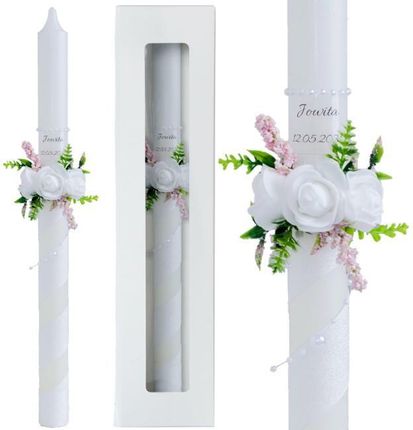 Świeca do Pierwszej Komunii Świętej z personalizacją zdobiona kwiatami SK-118