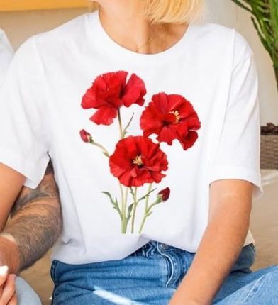 Biała damska koszulka czerwone kwiaty B68