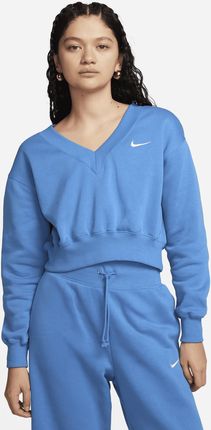 Damska koszulka o skróconym kroju z dekoltem w kształcie litery V Nike Sportswear Phoenix Fleece - Niebieski