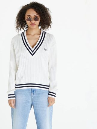 Tommy Jeans Script V Neck Rib Sweater Ancient White