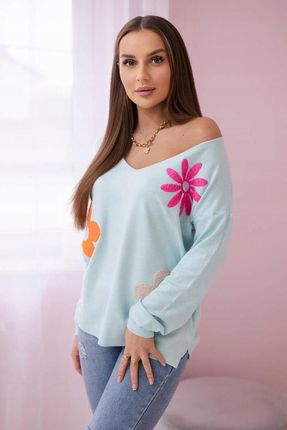 Bluzka miętowa sweterkowa z kwiatowym wzorem