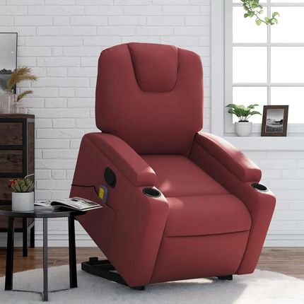 vidaXL Podnoszony Fotel Masujący Rozkładany Winna Czerwień Ekoskóra 3204441