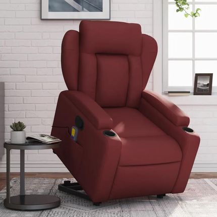 vidaXL Podnoszony Fotel Masujący Rozkładany Winna Czerwień Ekoskóra 3204555