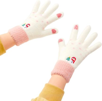 Rękawiczki zimowe do telefonu damskie z bałwankiem i choinką - biało-różowe