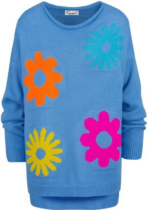 Sweter damski w kolorowe kwiaty z dlłuższym tyłem LILANA