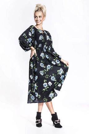 Sukienka w kwiaty typu kimono z okrągłym dekoltem Ann Gissy czarny/niebieski (XY202116)