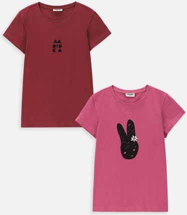 T-shirt z krótkim rękawem 2 pack różowy z króliczkiem i bordowy z napisem