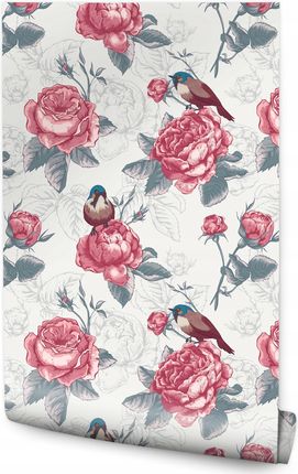 Muralo Tapeta Ścienna Kwiaty Peonie Róże Ptaki Styl Vintage Rośliny Liście