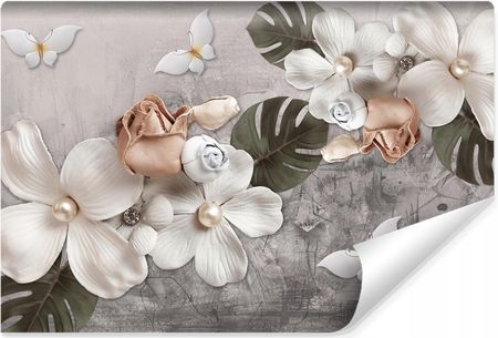 Muralo Fototapeta   Kwiaty Róże Liście Beton Mural Perły Efekt 3D 270X180
