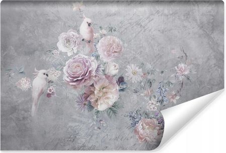 Muralo Fototapeta Ścienna   Papugi Kwiaty Róże Beton Abstrakcja 135X90