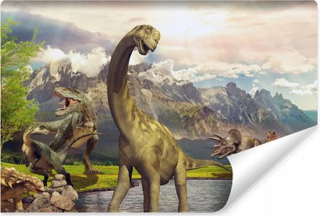 Muralo Fototapeta Dziecięca Dinozaury Pejzaż Góry Jezioro Natura Zwierzęta 360X240