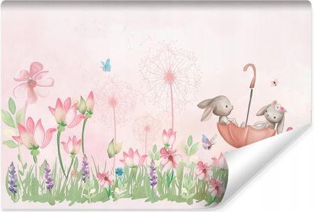 Muralo Fototapeta Dla Dziewczynki Króliczki Różowe Kwiaty Dmuchawce 368X254
