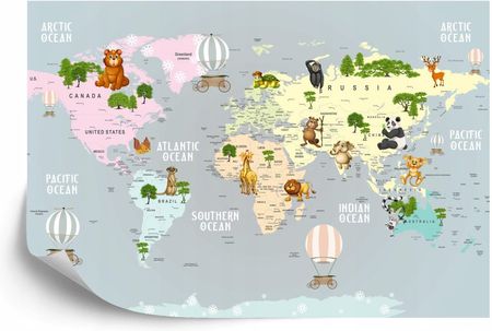Doboxa Fototapeta Flizelina Mapa Świata Zwierząt Dla Dzieci 368X254 A1