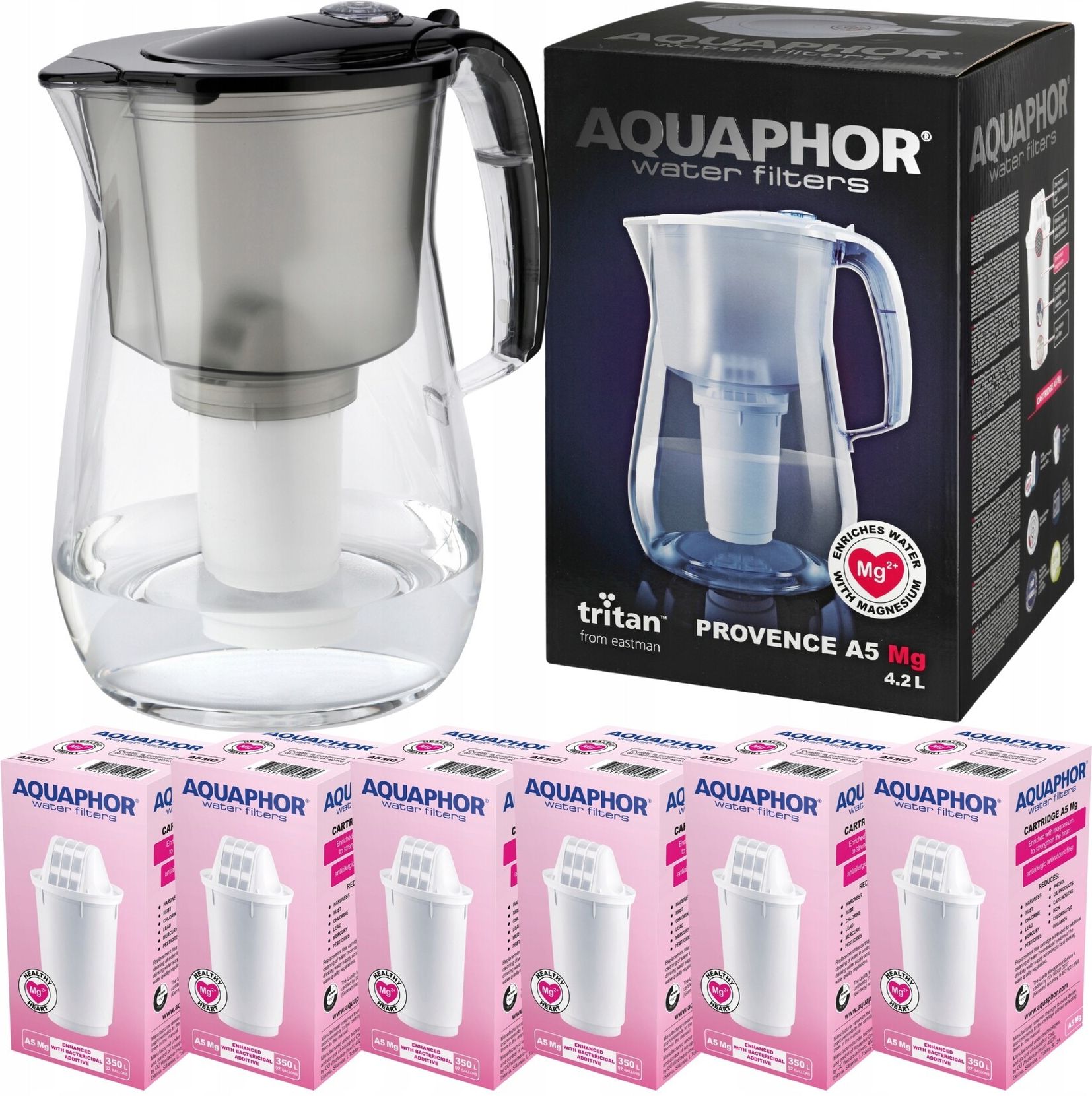 Filtre à Eau AQUAPHOR Provence A5 - 4,2L - Plastique Noir Format A5 Avec Effet Verre