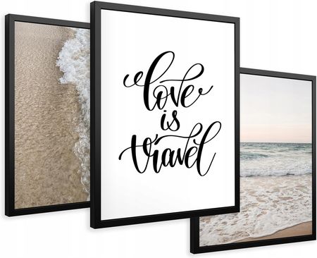 Printedwall Zestaw Obrazy w ramie plakaty plaża morze podróż cytat tryptyk 43x99