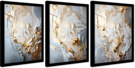 Wallarena Obrazy Na Ścianę W Czarnej Ramie Plakaty Tryptyk Marmur Złote Szare 43x99 (SPF15005K1)