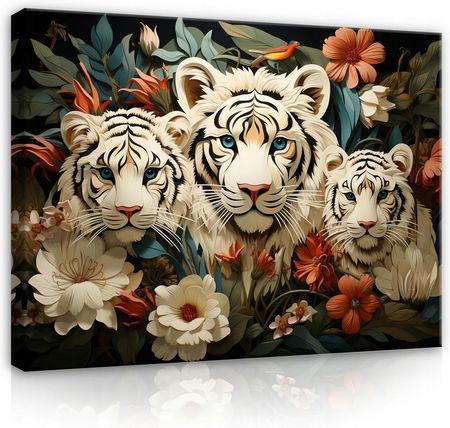 Wallarena Obraz Tygrys Kwiaty Zwierzęta Na Płótnie Ścianę Do Sypialni Salonu 120x80 (OBRAZNAŚCIANĘDOSALONUPP14891O20)