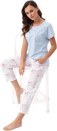 Piżama damska LUNA kod 667 niebieska biała kwiaty koronka