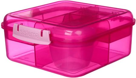 Sistema Lunch Bento Cube 1,25 l lunch box / śniadaniówka trzykomorowa z pojemnikiem na sos różowy (41685)