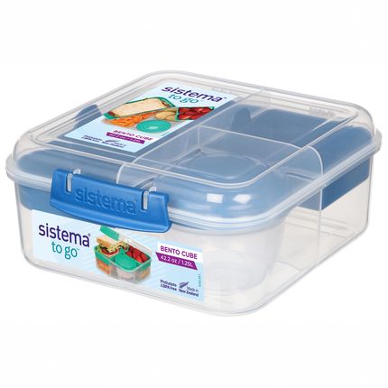 Sistema To Go Bento Cube lunch box śniadaniówka plastikowa trzykomorowa z pojemnikiem na sos (21685NIEBIESKI)