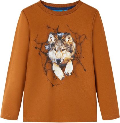 Koszulka dziecięca z długimi rękawami, z wilkiem, koniakowa, 104