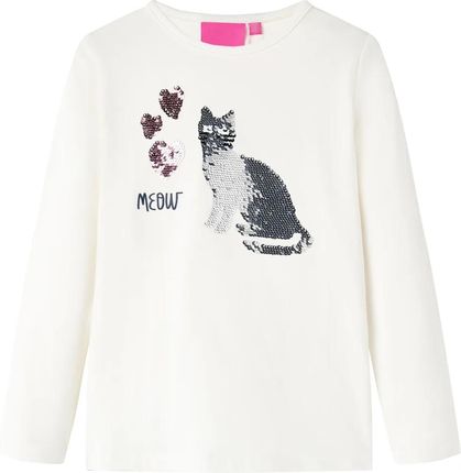 Koszulka dziecięca z długimi rękawami, kot z cekinów, ecru, 92
