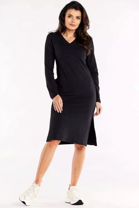 Bawełniana sukienka z dekoltem w serek i kieszeniami (Czarny, XL)