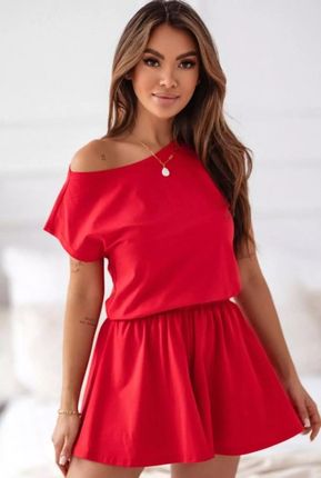 Delikatna piżama damska z elegancką bluzką krótkimi spodenkami (Czerwony, S)
