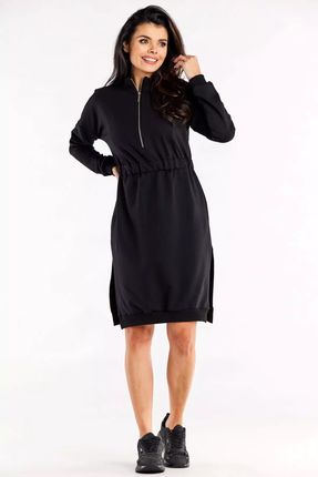 Stylowa sukienka dresowa z rozcięciami i zamkiem (Czarny, XL)