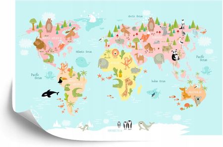 Doboxa Fototapeta Flizelina Zmywalna Mapa Świata Ze Zwierzętami 208x146