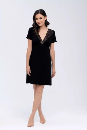 Elegancka koszula nocna damska z delikatnymi wiązaniami (Czarny, S)