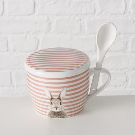 Boltze Home Kubek Z Pokrywką I Z Łyżeczką Fluffy Porcelanowy Zajączek 600ml (4066076331703)