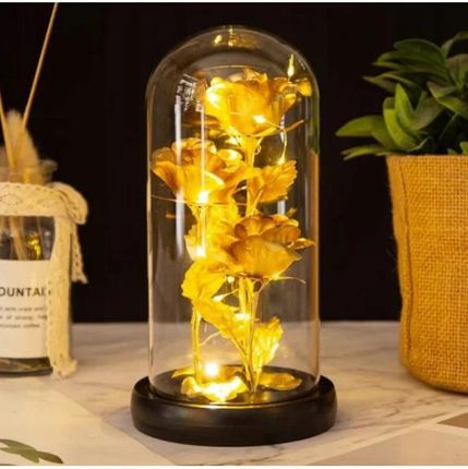 Kryształowa Wieczna Róża Złota Pod Kopułą Na Prezent Świecąca LED Szkło