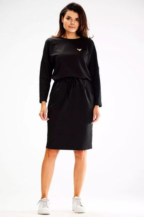 Sukienka do kolan z długim rękawem i dekoracyjnym motywem (Czarny, XL)