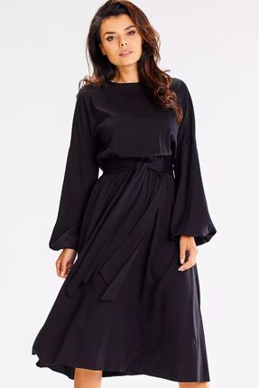 Zwiewna sukienka midi z wiązaniem w talii (Czarny, S)