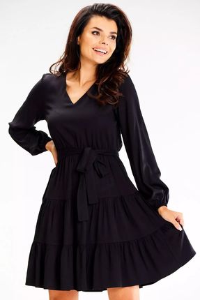 Elegancka sukienka na długi rękaw z falbankami (Czarny, S)