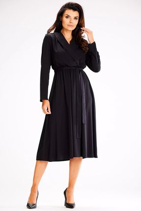 Elegancka sukienka midi z wiązaniem w talii (Czarny, S)