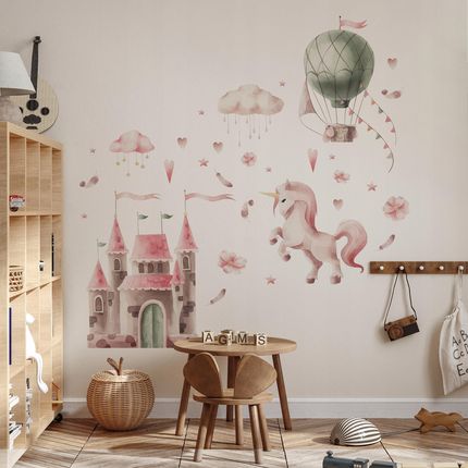 Muralo Zestaw Naklejek Dla Dzieci Jednorożec Akwarelowy Zamek Balon Różowe Chmurki