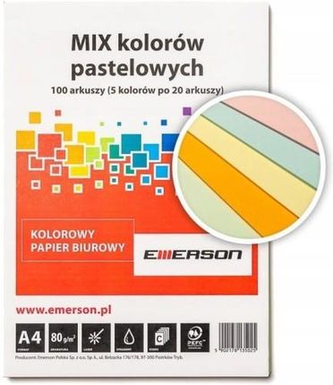 Emerson Papier Ksero A4 80G Mix Pastel 100Ark Kanarkowy, Różowy, Pomarańczowy, Jasny Niebieski, Jasny Zielony Xem1000N (PPK3071020)