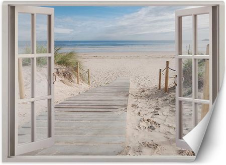 Caro Fototapeta Okno widok morze plaża piasek 140x100