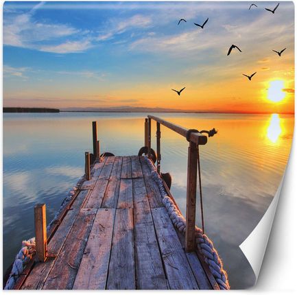 Caro Fototapeta Zachód słońca nad jeziorem i lecące ptaki 200x200