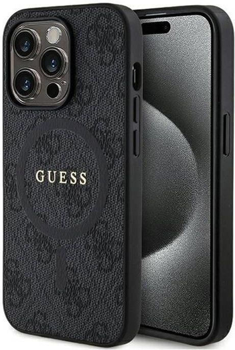 Custodia GUESS In Pelle E Metallo Per IPhone 15 Pro 6,1'' | Nera Con Logo Metallico, Collezione 4G