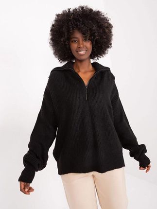 Luźny sweter damski z rozpinanym golfem czarny (0374)