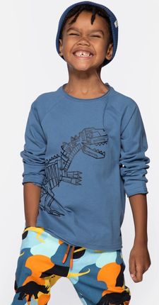 T-shirt z długim rękawem niebieski z nadrukiem dinozaura